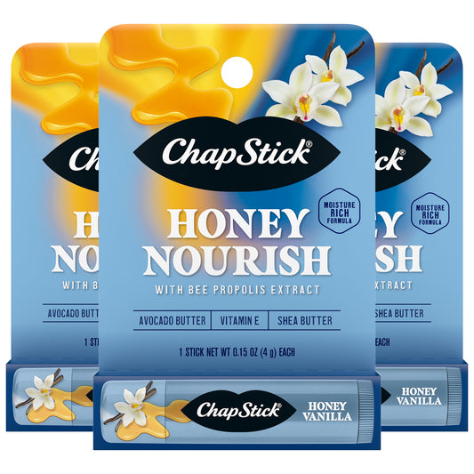 ChapStick Honey Nourish Vanilla, Single Packs (3 Count) – Honey Vanilla, Stocking Stuffers, .15 Oz Ea