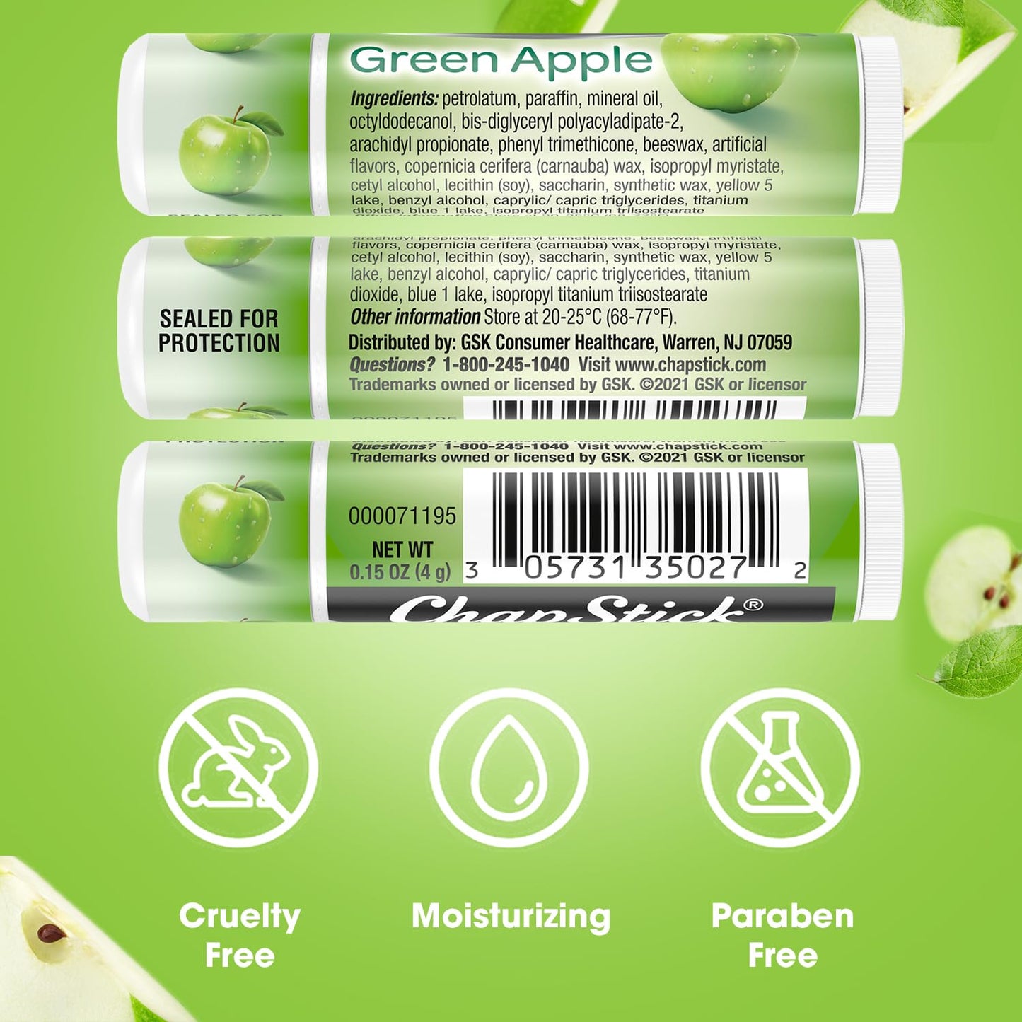 ChapStick Lip Balm, Green Apple, 12-Count in 1 Box – Sweet & Tangy Lip Moisturizer, Christmas Gifts, Stocking Stuffers, .15 Oz Ea