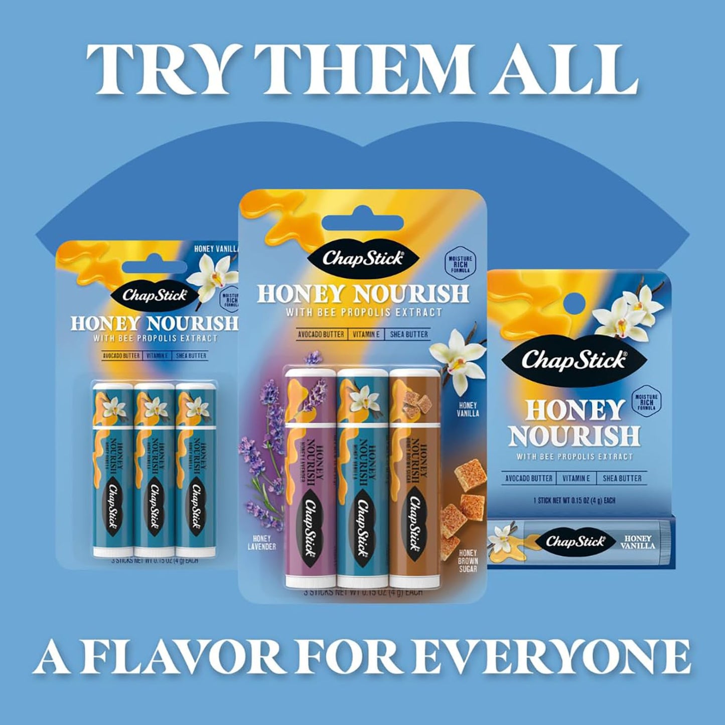 ChapStick Honey Nourish Variety 3-Packs (2 Count) – Honey Lavender, Honey Vanilla, and Honey Brown Sugar, Stocking Stuffers, .15 Oz Ea