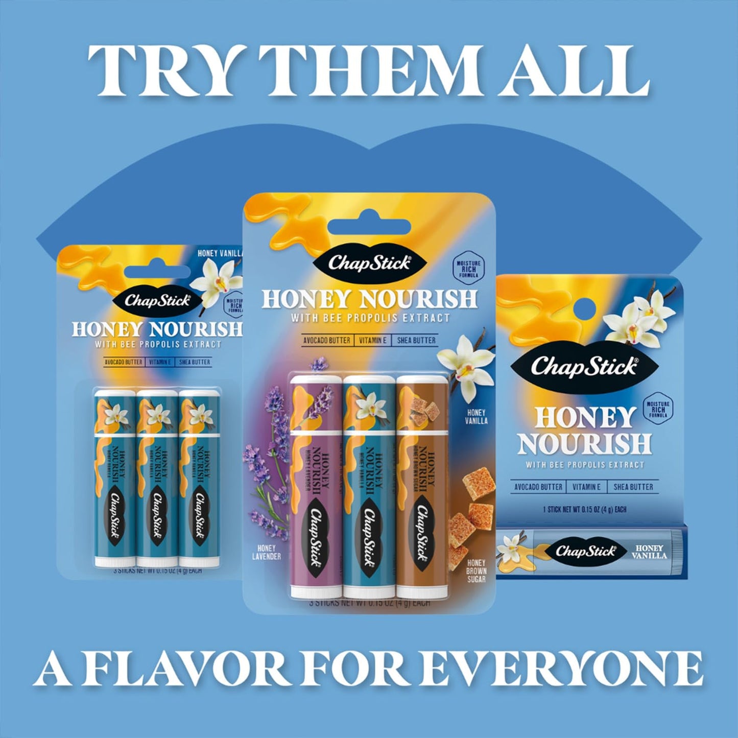 ChapStick Honey Nourish Vanilla, Single Packs (3 Count) – Honey Vanilla, Stocking Stuffers, .15 Oz Ea