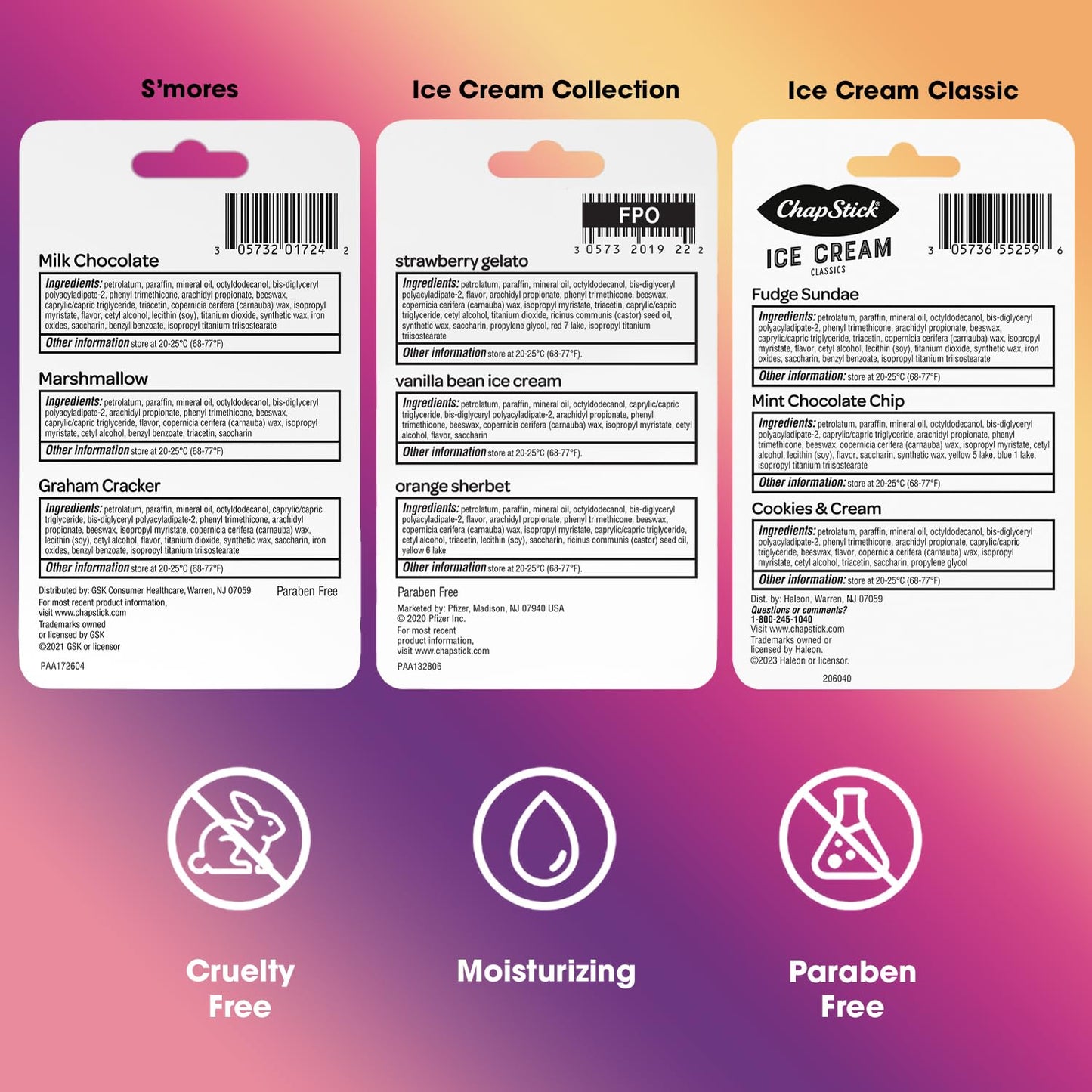 ChapStick Sweet Treat Lip Balm Variety 3-Packs (3 Count) – S’Mores and Ice Cream Lip Balm Collections, Stocking Stuffers, 0.15 Ea